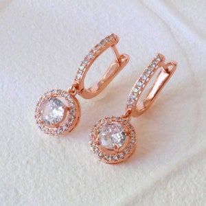Rose Gold Dangle Earrings, Rose Gold Drop Earrings, Crystal Diamond Earrings , Wedding Earrings Prom Jewelry