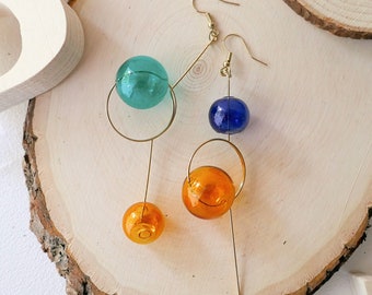 Unique Earrings, Colorful Dangle Earrings, Glass Ball Dangle Long Earrings, Unique Glass Jewelry, Mid Century Modern Earrings
