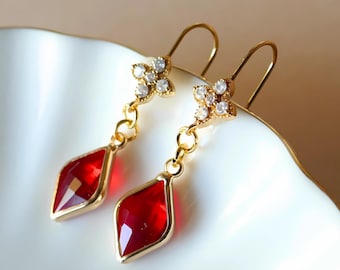 Ruby Red and Floral Crystal Dangle Earrings, Red Gemstone Cubic Zirconia Drop Earrings, Red Diamond Shaped Earrings, Elegant Dangle Earrings