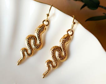 Gold Snake Earrings, Handmade Dangle Serpent Jewelry, Lightweight and Unique, Trendy Statement Earrings, Sensitive Ear & Clip-On Options