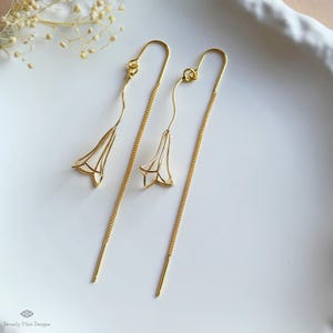 Gold Flower Threader Earrings , Dainty Bell Drop Earrings, Minimalist Long Pull Through Earrings, Elegant Wedding Jewelry Gift"