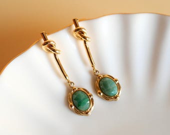 Gold Drop Earrings with Green Stone ,Vintage-Style Dangle Earrings , Elegant Knot Design Jewelry for Women ,