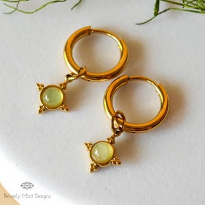 Celestial Gold Hoop Earrings, Vintage Charm Hoops, Green Dangle Earrings, Lightweight Statement Jewelry Gift for Her