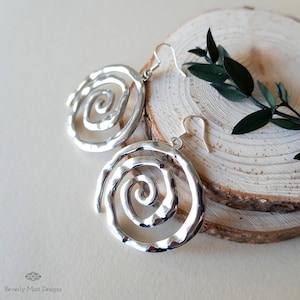 Silver Spiral Earrings, Handmade Hammered Statement Jewelry, Boho Chic Large Silver Earrings, Unique Swirl Drop Earrings, Artisan Earrings