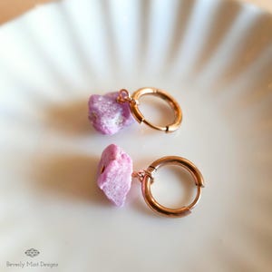 Ruby Earrings, Rose Gold Huggie Hoop Earrings with July Birthstone, Natural Stone Earrings , Raw Stone, Gift For Her