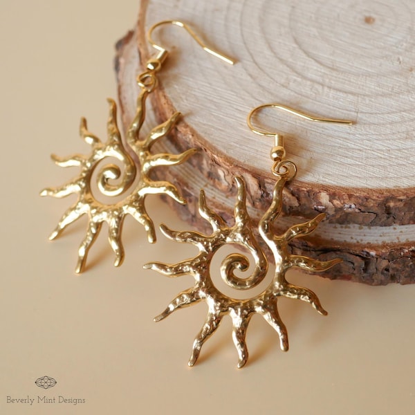 Sun Earrings, 18K Gold Boho Sun Earrings, Bohemian Style Earrings, Gold Sunburst Earrings, Bohemian Jewelry For Her, Gift For Her