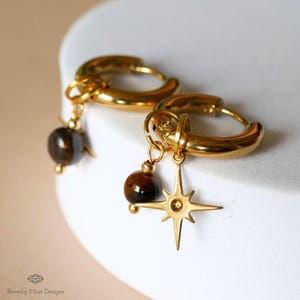 Gold Star Hoop Earrings, Tiger&#39;s Eye Minimalist Dangle Hoops, Celestial Statement Jewelry, 18K Gold Huggie Earrings, Chunky Huggie Hoops