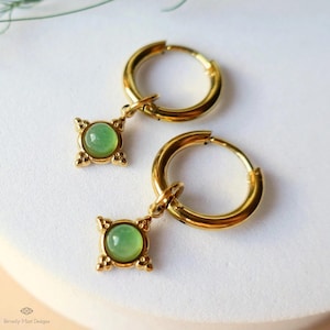 Celestial Gold Hoop Earrings, Vintage Charm Hoops, Green Dangle Earrings, Lightweight Statement Jewelry Gift for Her
