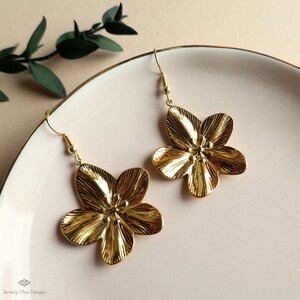 Gold Plumeria Earrings, Tropical Flower Earrings with Heft, Elegant Blossom Dangles, Handmade Gold Floral Jewelry, Holiday Gift