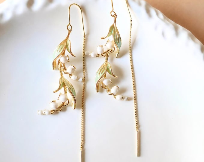 Floral Dangle Earrings, Gold Lily Of The Valley Earrings, Birth Flower for May, Nature Inspired Jewelry, Botanical Earrings, Gift For Her