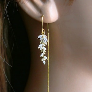 Gold Threader Earrings with Crystal Leaf Design, Sparkling Dangle Earrings with Zircon, Elegant Long Drop Earrings, Bridal Jewelry
