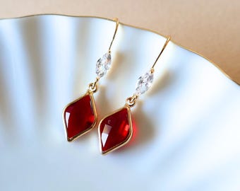 Ruby Red Earrings, Red Stone Cubic Zirconia Drop Earrings, Red Diamond Shaped Earrings, Elegant Faceted Dangle Earrings