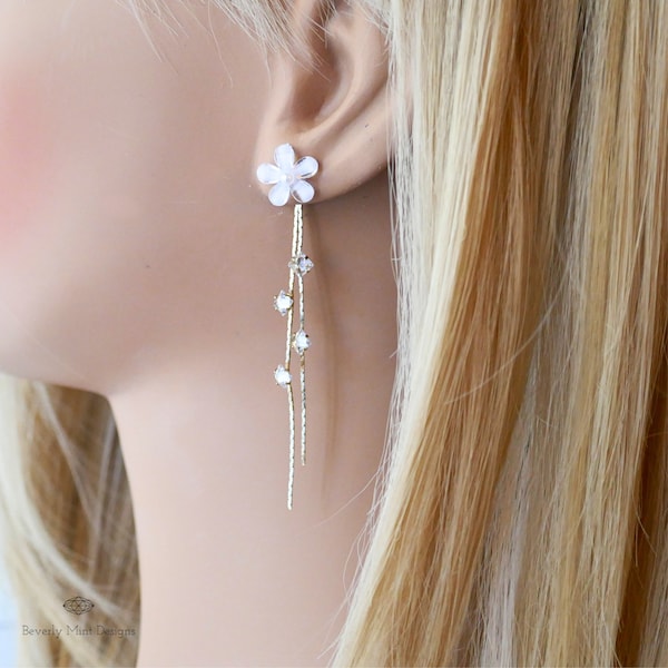 Gold Dangle Earrings Flower Dangle Earrings , Tassel Earrings, Gold Chain Earrings, Threader earrings, Wedding, Prom Jewelry