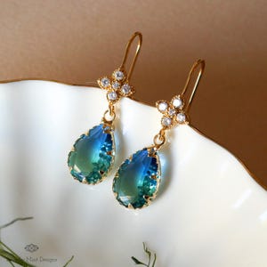 Blue and Green Teardrop Earrings, Blue Ombre Stone Drop Earrings, Elegant Teardrop Earrings, Handmade Gradient Crystal Drop Earrings