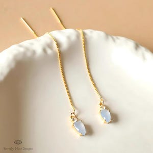 Blue Stone Earrings, Pale Blue Gold Threader Earrings, Small Light Blue Earrings with leafy charm, Bridal Jewelry, Gift