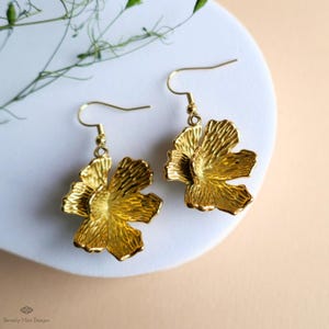 Gold Hibiscus Earrings, Tropical Flower Earrings with Heft, Bold Summer Statement Jewelry, Handmade Floral Dangles, Gift for Her