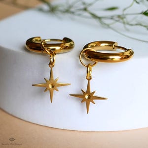 North Star Hoop Earrings , Gold Celestial Dangle Earrings, Spiritual Star Jewelry, Boho , Mothers Day Gift For Mom