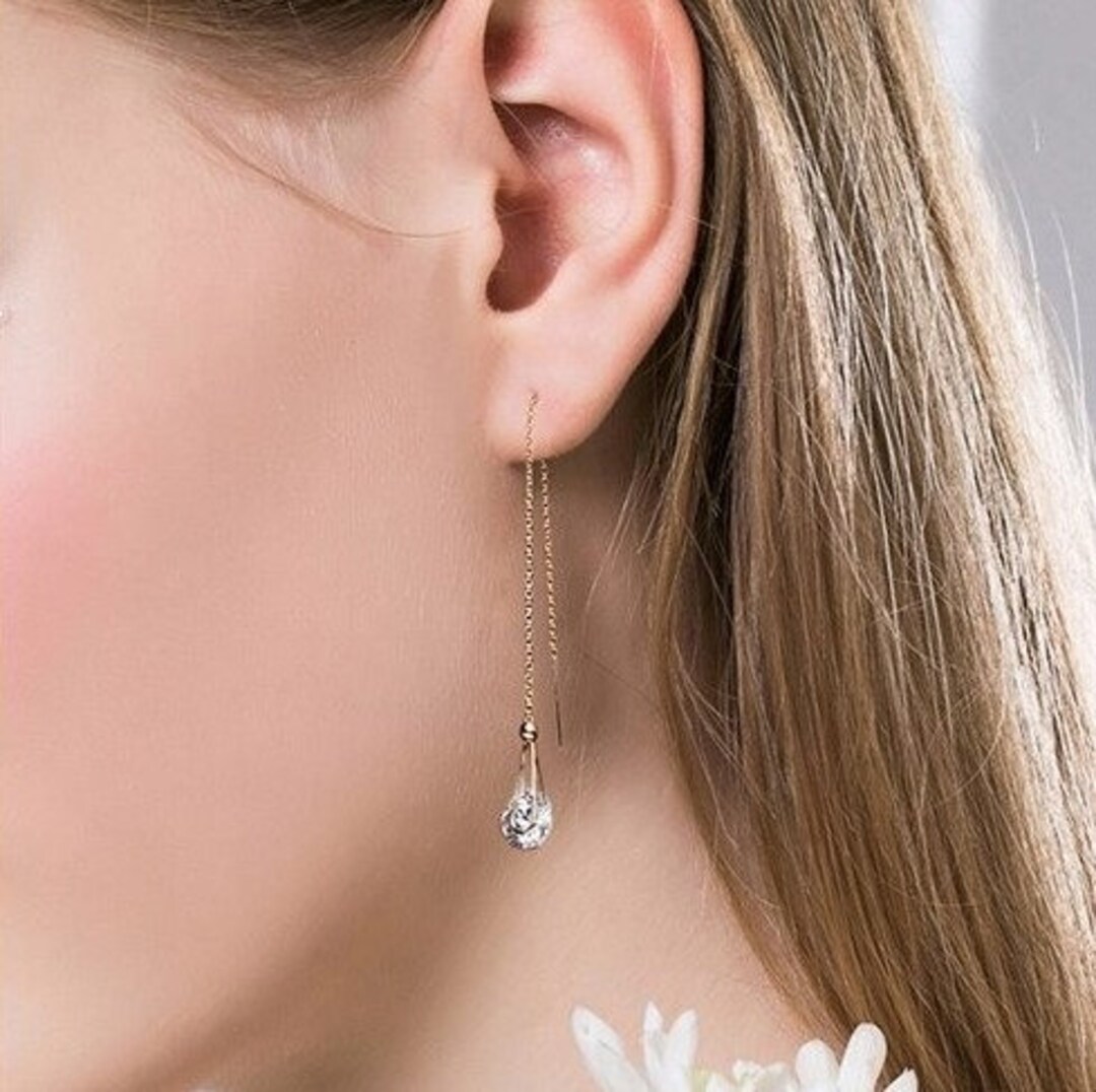 Rose Gold Threader Earrings Rose Gold Crystal Earrings Etsy