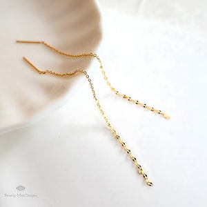14Kゴールドスレッダーイヤリング、ゴールドタッセルイヤリング、スレッダーイヤリング、繊細なイヤリング、ロングイヤリング、ミニマリストイヤリング、彼女へのギフト