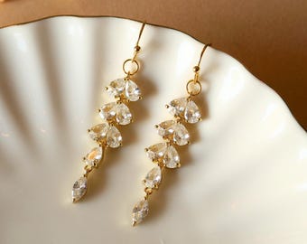 Gold Leaf Crystal Dangle Earrings, Bridal Statement Jewelry, Long Drop Sparkling Earrings, Elegant Wedding Earrings