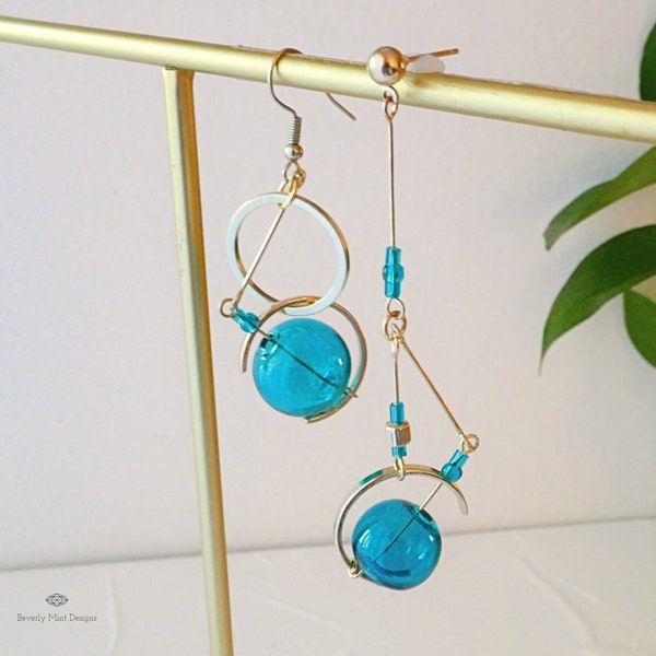 Unique Earrings, Glass Ball Dangle Earrings, Asymmetric Tassel Earrings, Turquoise Blue Dangle & Drop Earrings, Mismatched Earrings