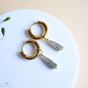 Teardrop Sparkle Gold Hoop Earrings, Gray Pastel Dangle Earrings Gold Drop Earrings Grey Dainty Glitter Jewelry Gold Huggie Earrings