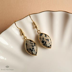 Dalmatian Jasper Hoop Earrings, Leopard Pattern Stone Earrings, Marquise Drop Earrings