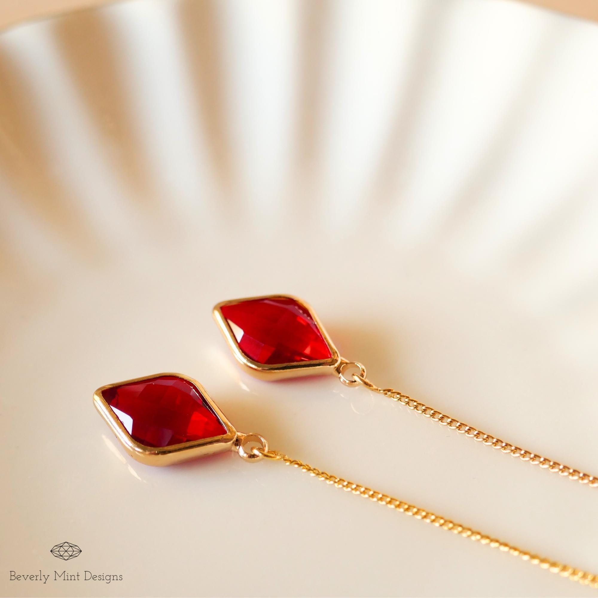 Rectangular Red Earrings Ruby Red Earrings, Red Stone Threader Earrings, Red Diamond Shaped ...