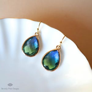 Blue and Green Teardrop Earrings, Blue Ombre Stone Drop Earrings, Elegant Teardrop Earrings, Handmade Gradient Crystal Drop Earrings
