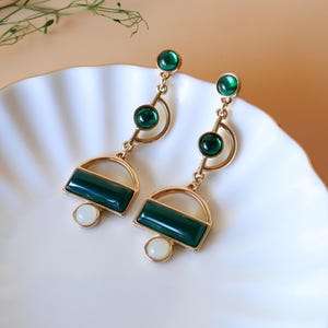 Vintage Style Earrings, Green Geometric Earrings, Dangle Earrings Green Drop Earrings, Unique Jewelry, Retro Earrings, Antique Jewelry