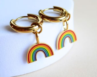 Rainbow Huggie Hoop Earrings, Gold Hoop Earrings with Enamel Rainbow Charms, Pride Jewelry, LGBTQ Earrings, Colorful Dangle Hoops , Gift f