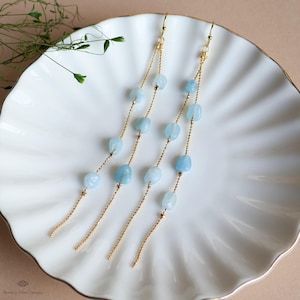 Aquamarine Dangle Earrings Long Gold Chain Earrings Natural Stone Drop Earrings Light Blue Jewelry