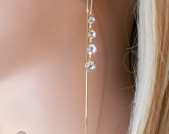 CZ Crystal Earrings,Gold Dangle Earrings, Diamond Threader Earrings, Gold Crystal Tassel Earrings, Long Gold Earrings, Bridal Earrings