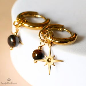 Star Hoop Earrings Gold, Celestial Earrings, Dainty Star Hoops, Tiger’s Eye Minimalist Gold Jewelry