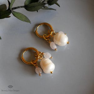 Gold Hoop Earrings with Pearls and Tiny Rose Crystals, Handmade Dangle Jewelry, Gold and Pearl Earrings, Unique Earrings