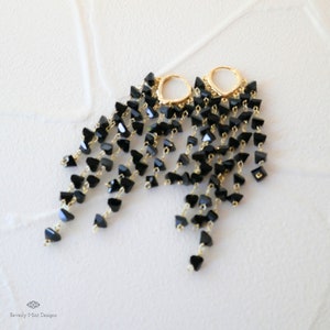 Black Earrings, Black Tassel Earrings, Wide Tassel Earrings, Black Chandelier Earrings, Black Long Earrings, Large Earrings Prom Jewelry