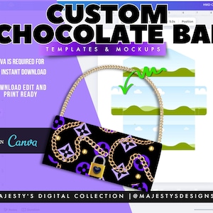 May include: A digital design for a custom chocolate bar template and mockups. The design features a black and purple purse with gold chain straps and a gold lock. Text includes "CUSTOM CHOCOLATE BAR" and "TEMPLATES & MOCKUPS".