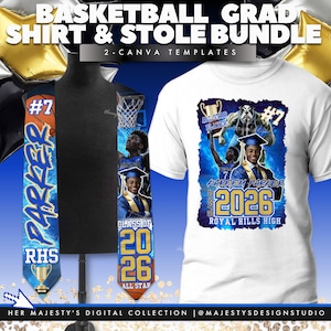 Pacchetto di magliette e stole per laureati di basket / Modelli Canva / Set per laureati della classe del 2026 / Download digitale
