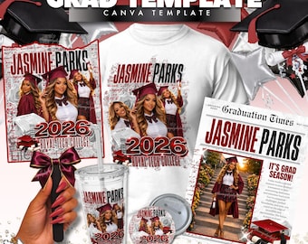 Paquete de plantillas Canva para periódico, camiseta, botón y abanico de graduación color granate 2026 (descarga digital)