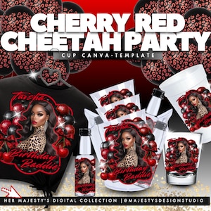 Cherry Red Cheetah Party Cup Canva Template – Cup, Bucket & Shirt Design – Digital Download