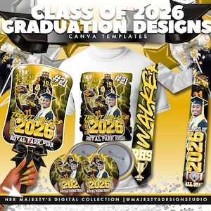 Può includere: Una collezione di design a tema laurea con un giocatore di football americano. I design includono una maglietta bianca, un ventaglio, bottoni, una fascia e una stola di laurea. Il testo include "Classe del 2026", "Trent Walker" e "Royal Park High".