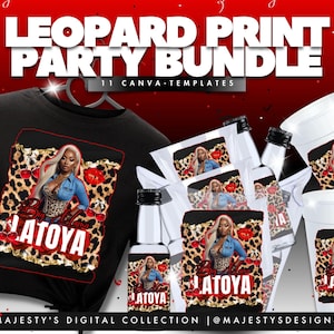 PACCHETTO di modelli per feste con leopardo e ciliegie / 11 modificabili in Canva / Crea tazze di compleanno / bicchierini da shot / secchielli per feste / magliette / bottiglie e altro ancora