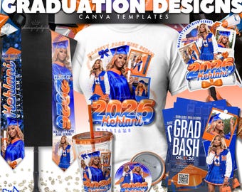 Oranje en blauw graduatie 2026 canva-sjabloonbundel: afstudeerontwerp (digitale download)