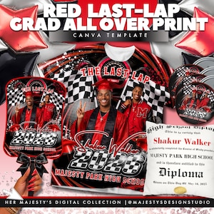 Könnte beinhalten: Ein Design zum Thema Abschlussfeier mit einem rot-schwarzen Farbschema. Das Design umfasst eine Abschlusskappe, ein Diplom und den Text "RED LAST-LAP GRAD ALL OVER PRINT". Das Design enthält auch den Text "Shakur Walker 2023".