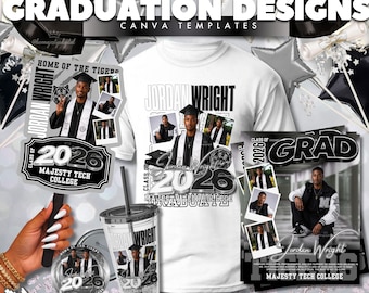 Silber, Schwarz, Weiß, Abschluss-Shirt 2026 & Ankündigung im Bundle | Canva Vorlage (Digitaler Download)