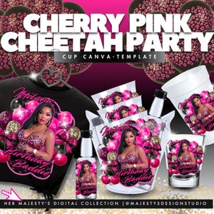 Cherry Pink Cheetah Birthday Party Template | Cup Wraps, Shot Glass (Canva Editable, Digital Download) image 2