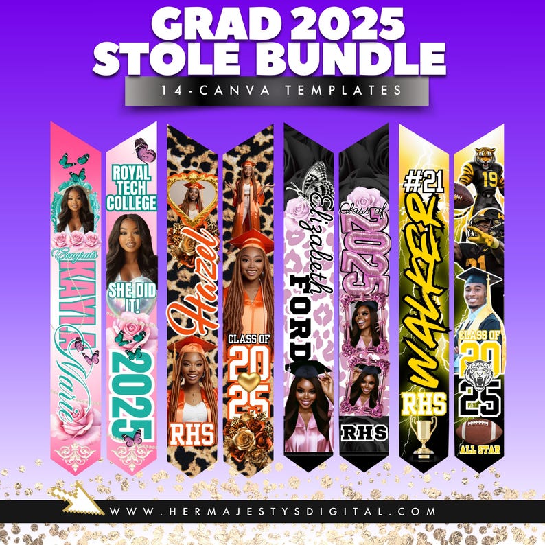Grad 2025 Stole Bundle | 14 Editable Canva Templates | Graduation Stole ...