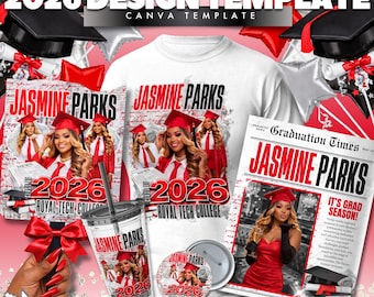 Red 2026 News Graduation Shirt & Newspaper Bundle | Canva Template (Digital Download)