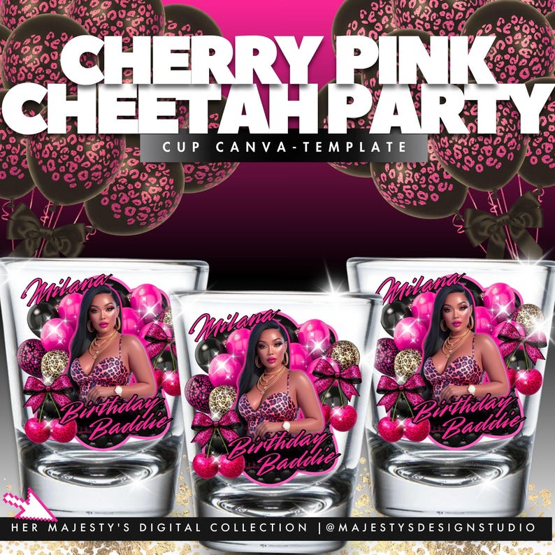 Cherry Pink Cheetah Birthday Party Template | Cup Wraps, Shot Glass (Canva Editable, Digital Download) image 1