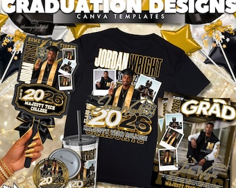 Paquete de camiseta y anuncio de graduación 2026 en negro y dorado / Plantilla de Canva (Descarga digital)